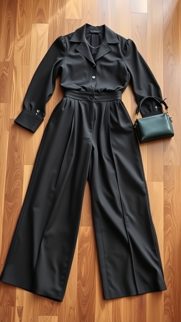 A stylish black outfit featuring refined wide-leg trousers, a matching top, and a chic handbag, set on a wooden floor.