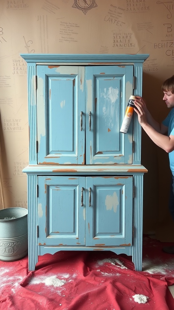 A blue cabinet being refinished with spray paint.