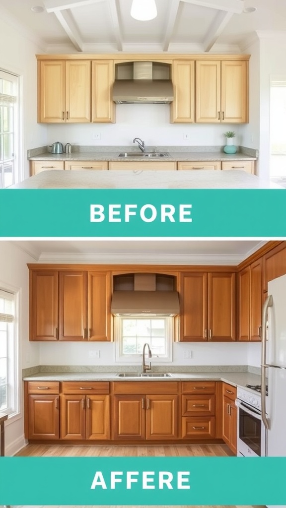 Image showing kitchen cabinets before and after refinishing, highlighting the change in style and color.