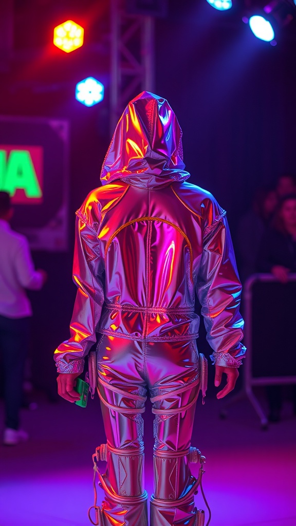 A person wearing a shiny silver outfit with reflective and holographic materials, standing under colorful lights at a rave.