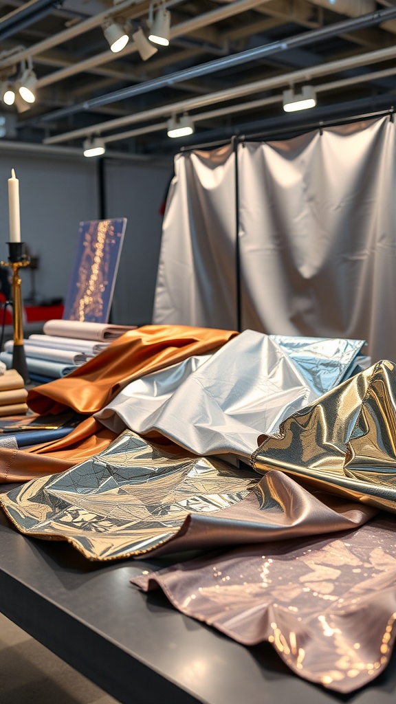 A variety of reflective and metallic fabrics in different colors and textures laid out on a table.