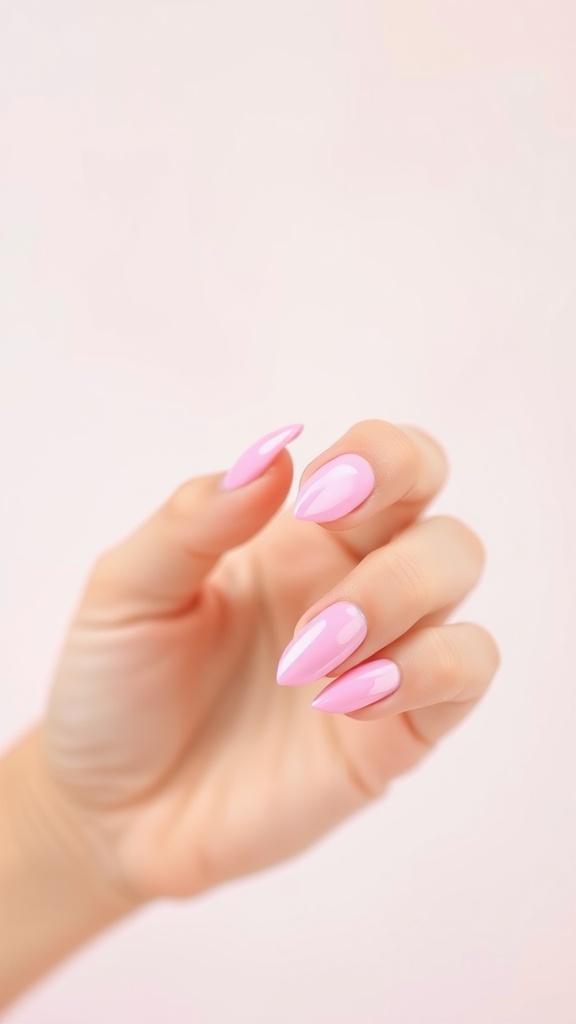 Hand with short light pink chrome ombre nails