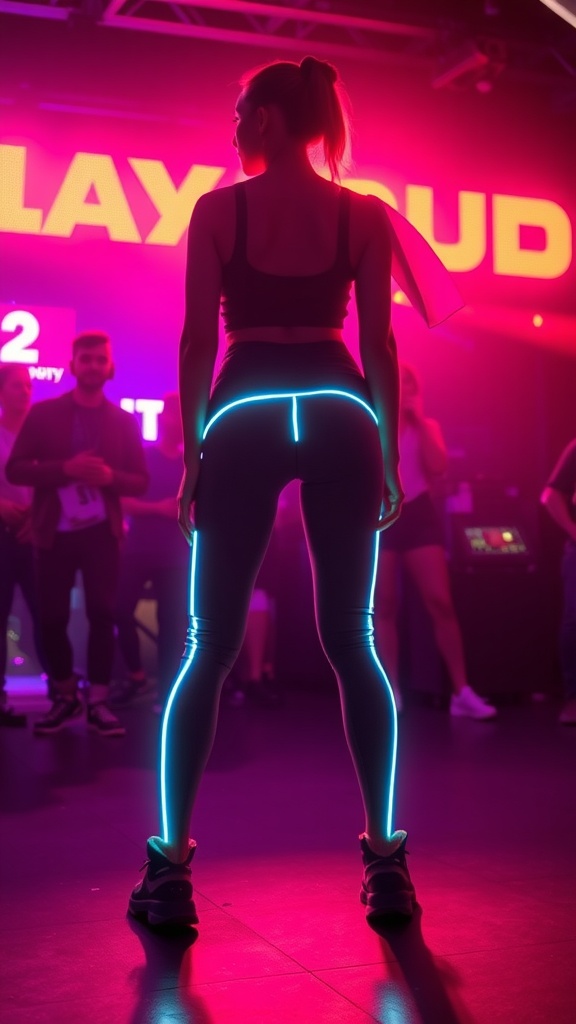 A person wearing glowing reflective leggings in a vibrant nightclub setting.
