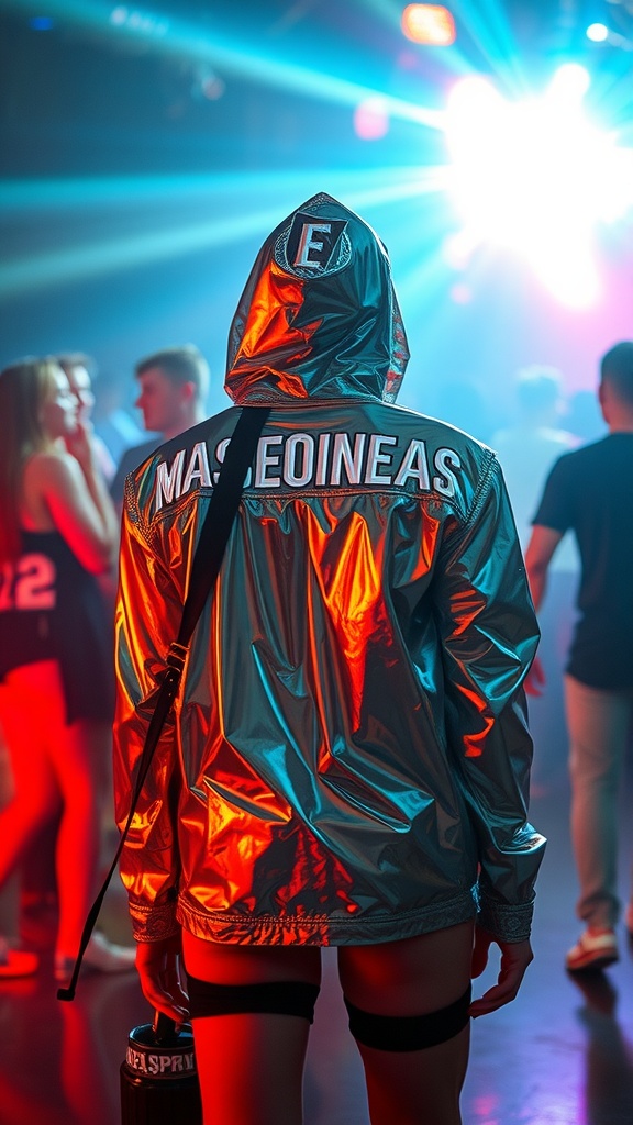 A person wearing a shiny reflective jacket at a rave, with colorful lights in the background.