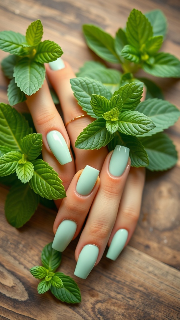 Close-up of hands with mint green nails surrounded by fresh mint leaves on a wooden surface.