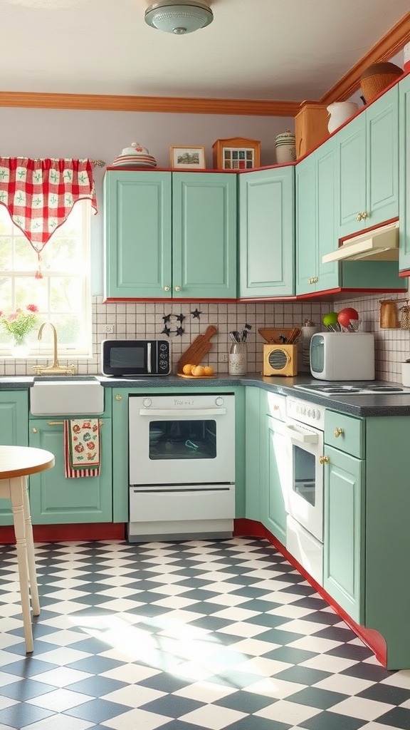 A cozy kitchen featuring mint green cabinets, black-and-white checkered floor, and retro accessories.