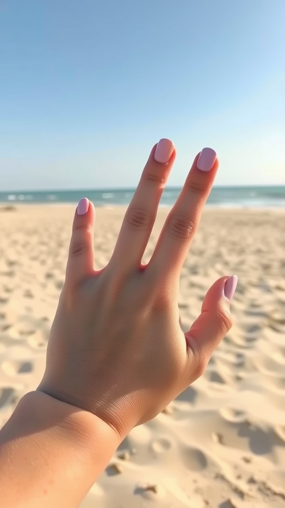 A hand with pastel ombre nails against a beach background
