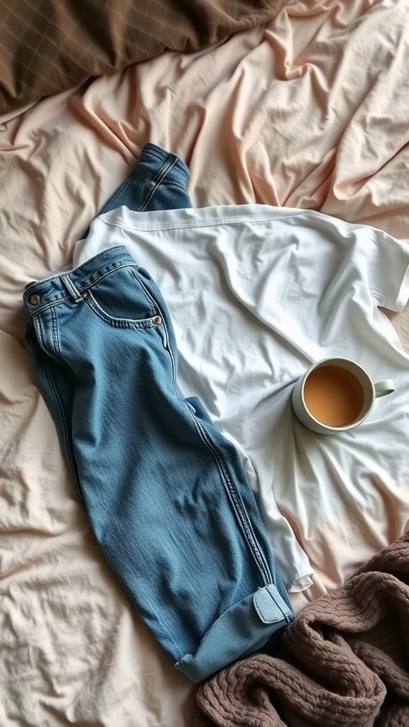 A casual outfit featuring relaxed denim jeans, a white t-shirt, and a cup of tea on a cozy bed.