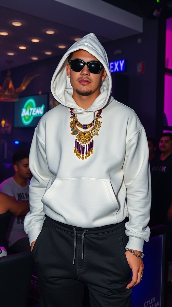 A person wearing a white hoodie and statement jewelry in a club setting, exuding a relaxed yet stylish vibe.