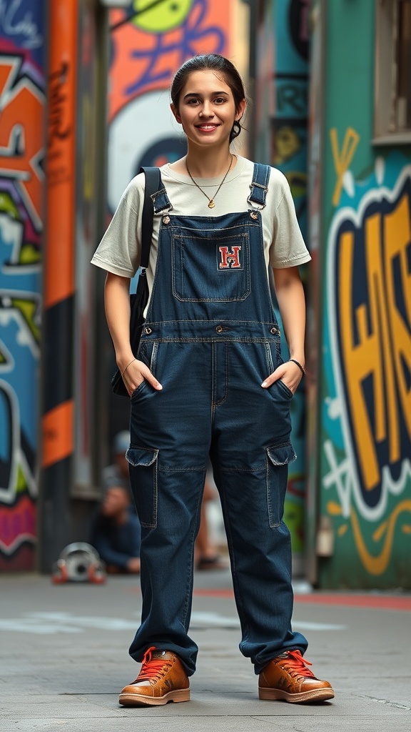 A person wearing relaxed overalls and a graphic tee, standing in an urban setting with colorful graffiti.