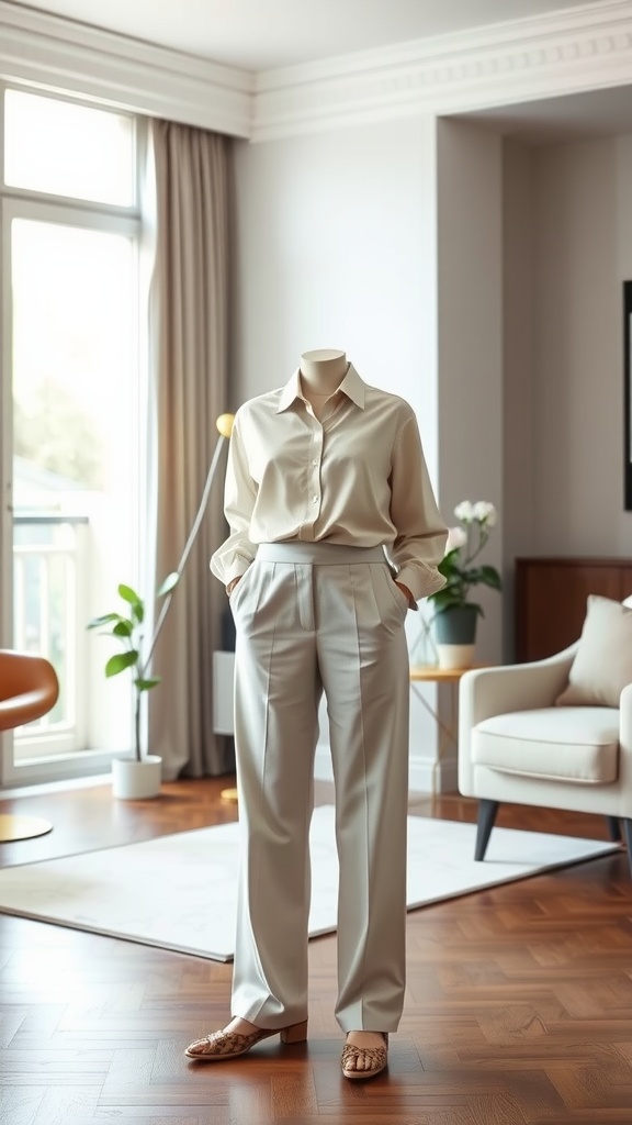 A mannequin displaying a casual outfit featuring relaxed trousers and an elegant blouse in a bright indoor setting.