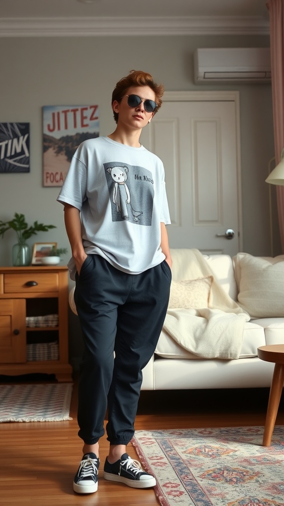 A person wearing a relaxed outfit consisting of a light blue oversized t-shirt, dark jogger pants, and black sneakers, standing in a cozy living room.