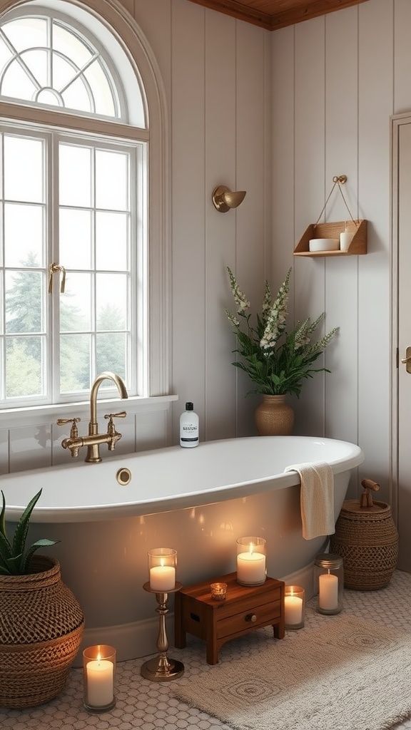A cozy farmhouse bathroom featuring a freestanding tub, candles, and plants, creating a relaxing atmosphere.