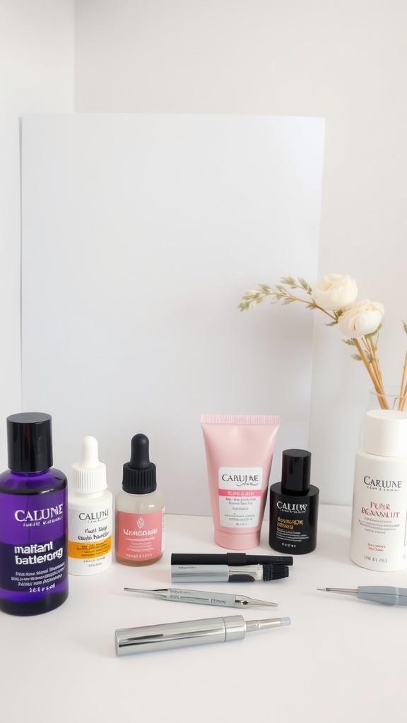 Image of nail care products and tools for safely removing nude acrylic nails.