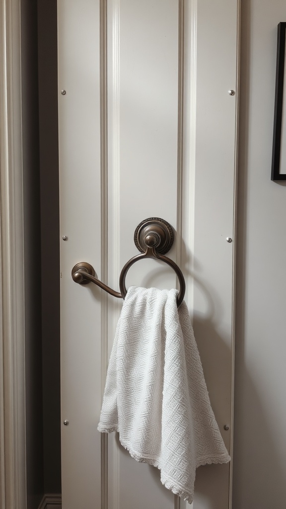 A white towel hanging from a repurposed door handle on a door.