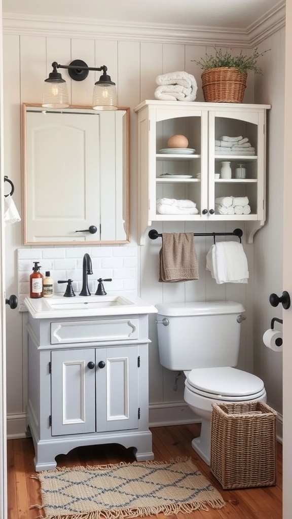 A rustic farmhouse bathroom featuring repurposed furniture for storage, including a cabinet with towels and a decorative basket.