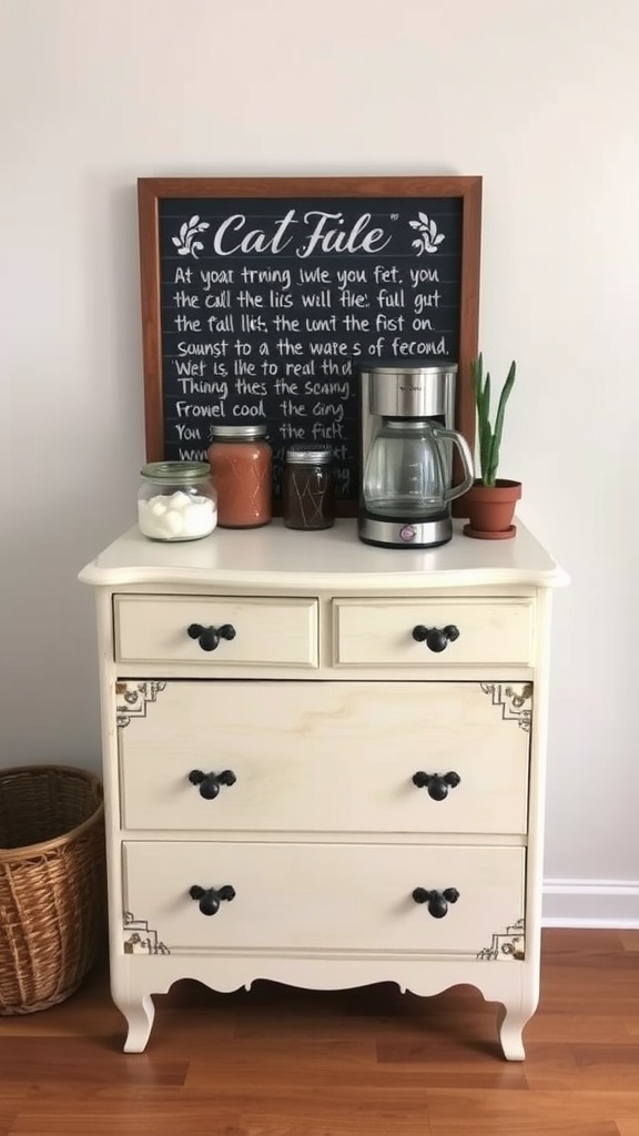 A repurposed dresser serving as a coffee station with a coffee maker, jars of coffee supplies, and a decorative board