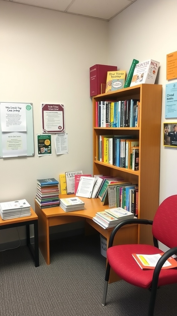 A cozy corner in a school counselor's office with a bookshelf filled with academic resources and a desk with books.