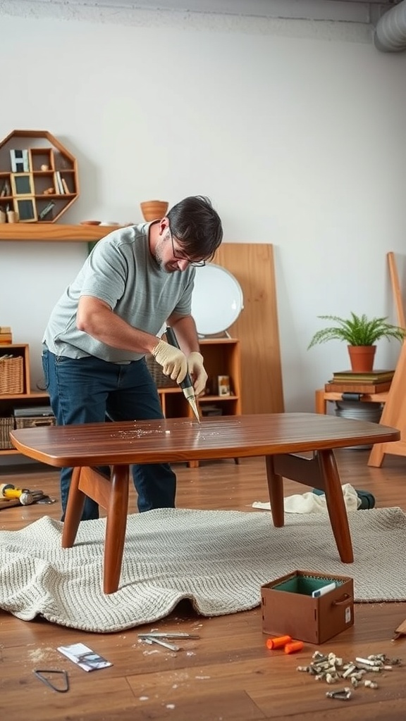 Person restoring a mid-century modern coffee table with tools