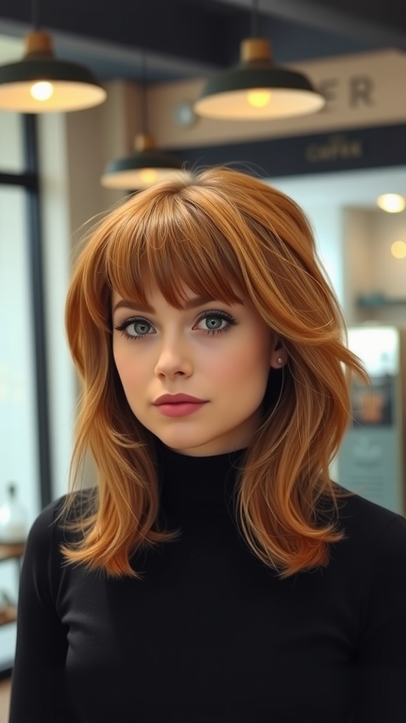 A young woman with medium, layered hair styled in a retro flip with volume, set against a cozy café background.