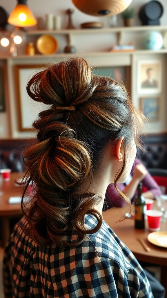 A woman with a retro-inspired messy ponytail, featuring volume and loose curls, sitting at a table with a casual setting.