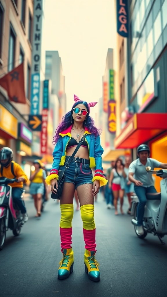 A person dressed in vibrant 80s retro neon clothing, standing confidently in a busy street filled with colorful signs.