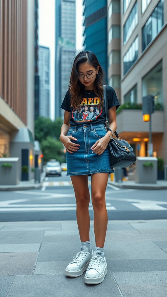 A young woman wearing a denim mini skirt, graphic tee, and white sneakers, standing on a city street.