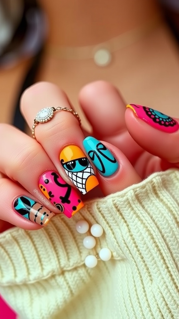 Colorful retro 90s style acrylic nails with playful designs