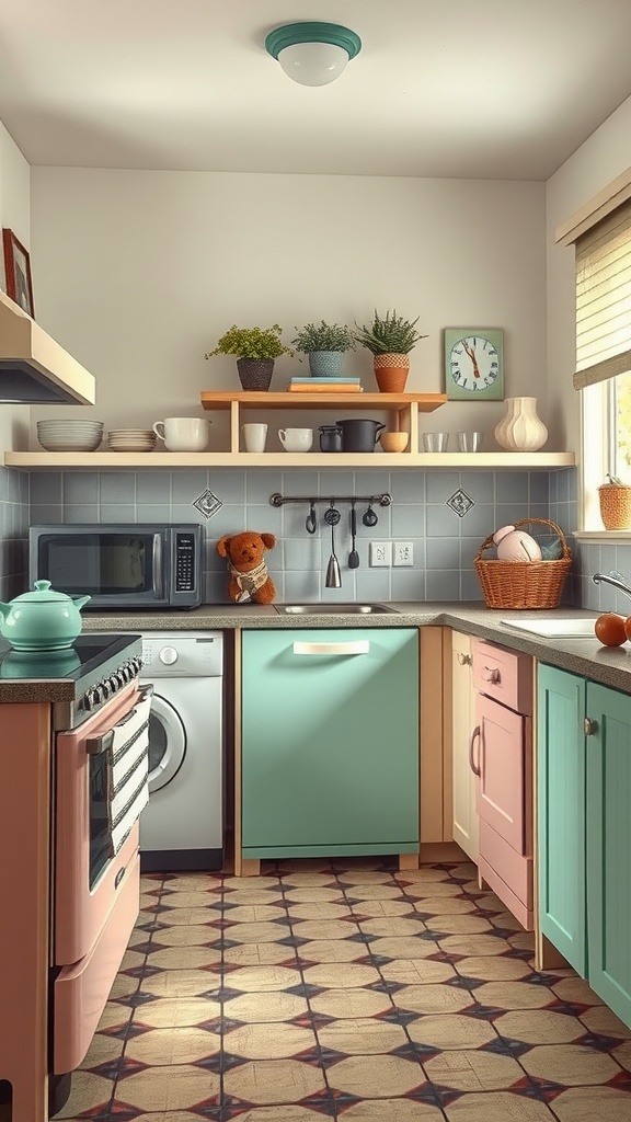 A vintage farmhouse kitchen featuring pastel-colored retro appliances, wooden shelves, and cheerful decor.