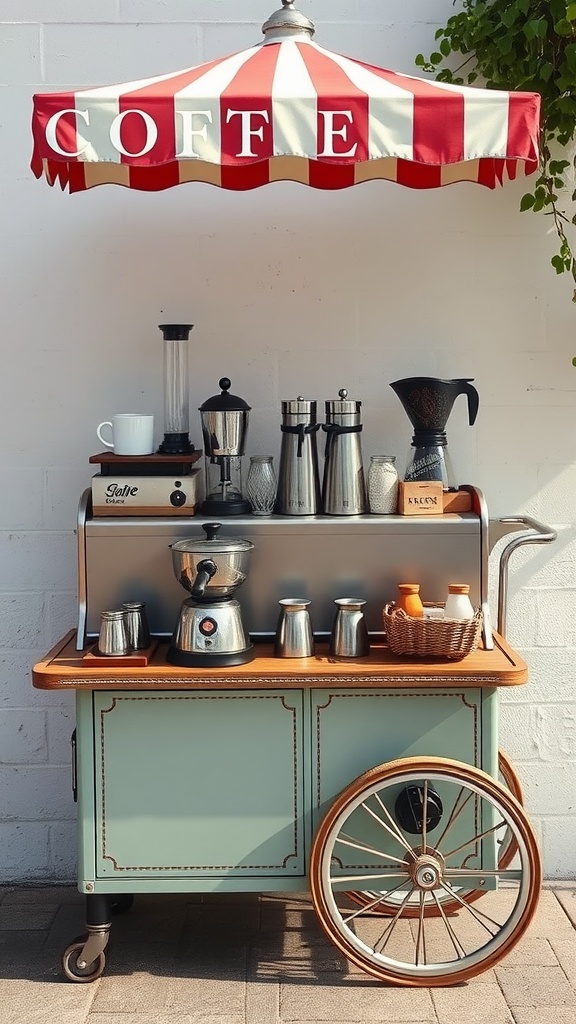 A retro coffee cart featuring a striped awning, coffee-making equipment, and a charming vintage design.