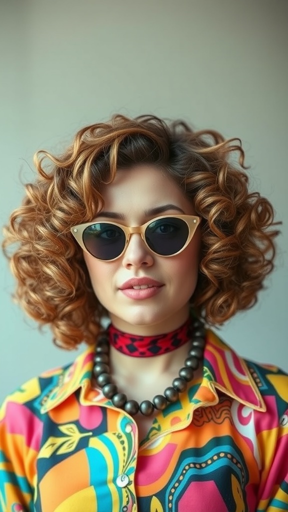 A woman with a retro curly bob hairstyle, wearing cat-eye sunglasses and a colorful patterned shirt.