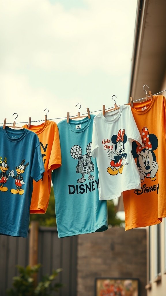 A collection of colorful retro Disney T-shirts featuring Mickey and Minnie Mouse designs hanging on a clothesline.