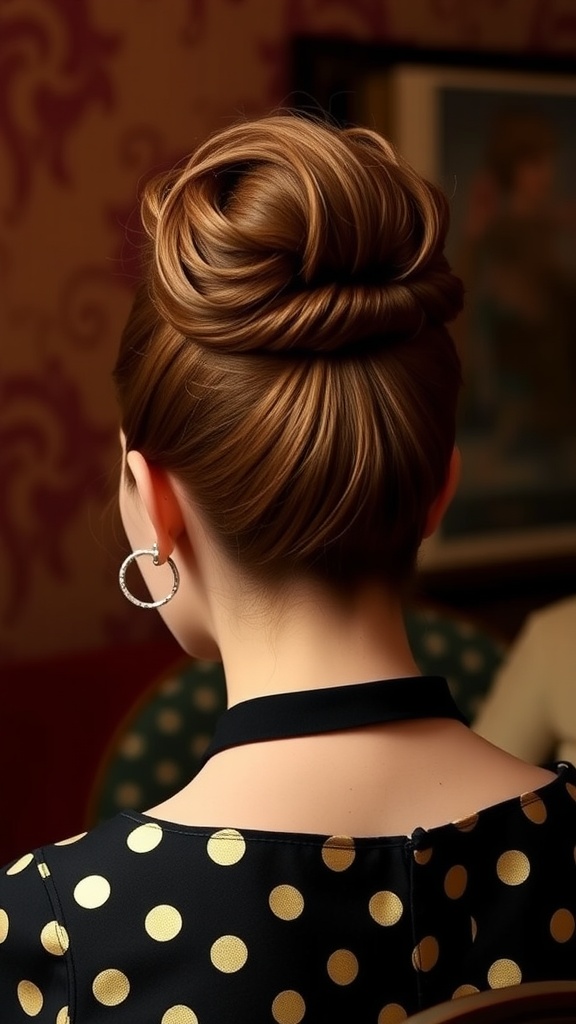 A close-up view of a retro-inspired beehive updo hairstyle, showcasing its elegant twisted structure.
