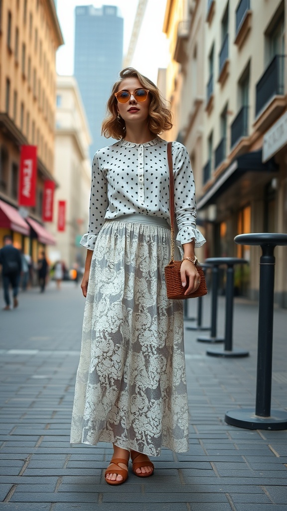 Model wearing a retro inspired lace maxi skirt outfit with polka dot blouse, brown sandals, and a woven bag in a city street.