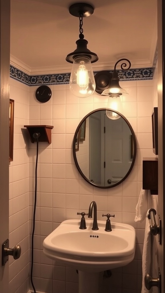 A vintage bathroom with retro lighting fixtures, featuring a pendant light and wall-mounted light.
