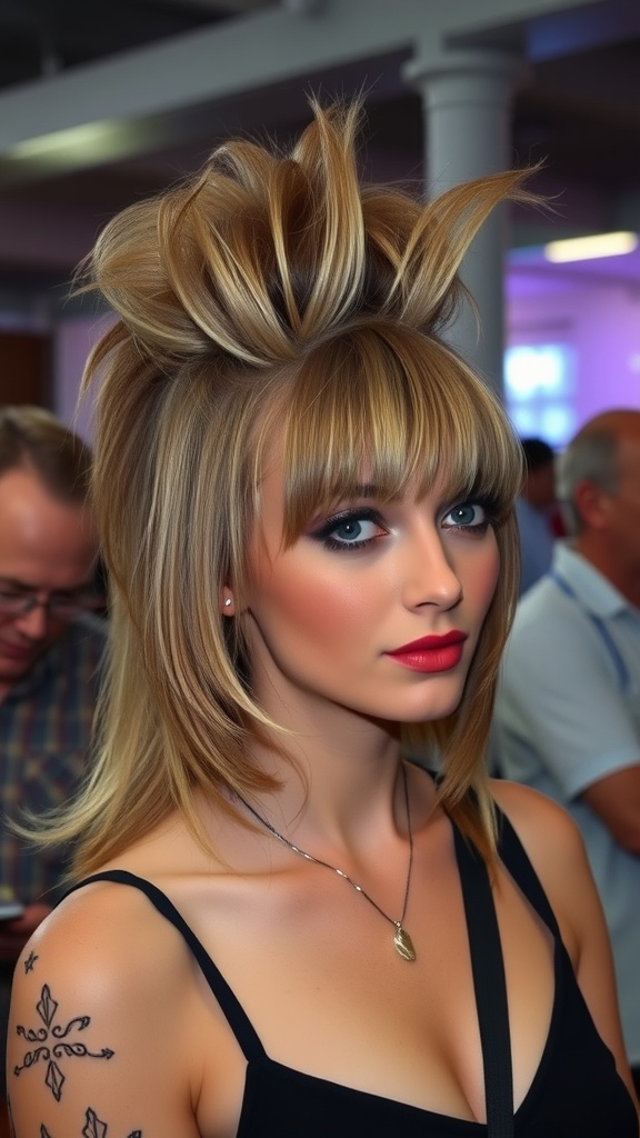 A woman showcasing a retro mullet hairstyle with volume, featuring bangs and longer hair at the back.
