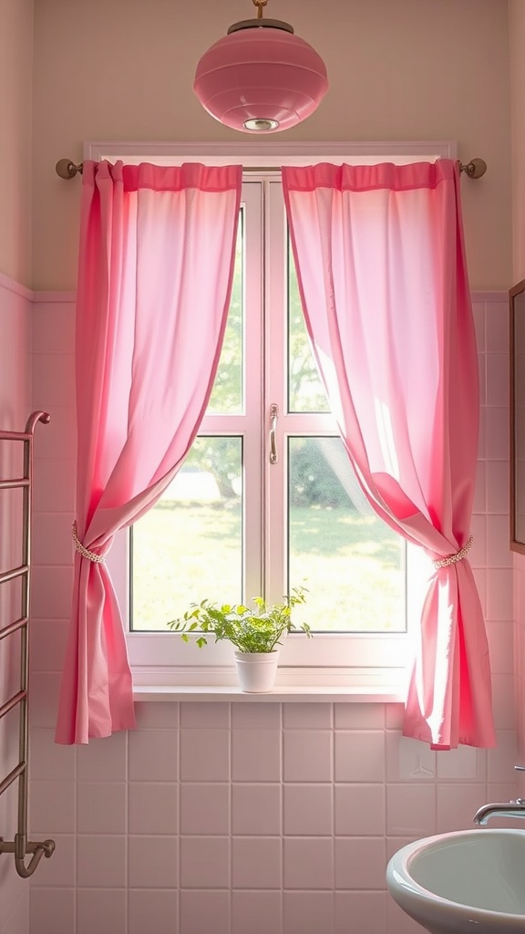 Pink curtains in a bathroom window with a potted plant on the sill.