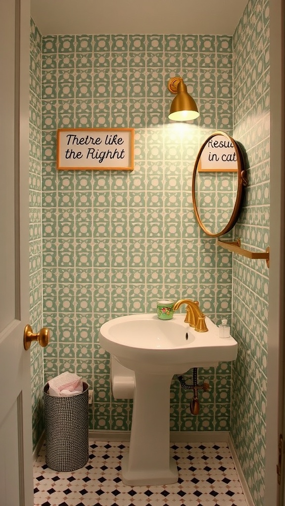 A small guest bathroom featuring turquoise retro polka dot wallpaper, golden fixtures, and playful decor.