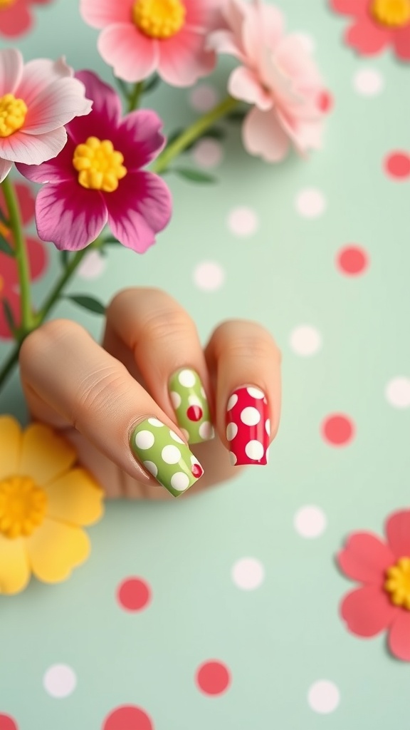 Colorful retro polka dot nail design with flowers in the background