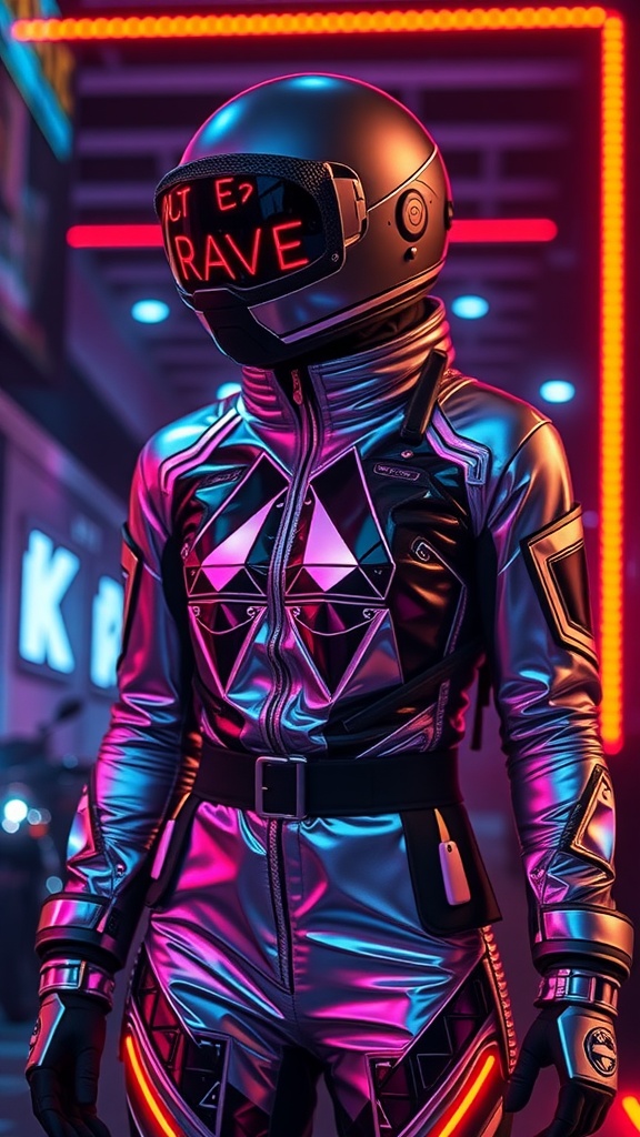 A person in a futuristic astronaut-inspired outfit with neon details, standing in a vibrant rave setting.