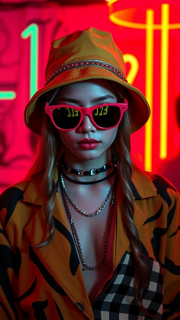 A person wearing a yellow bucket hat and pink retro sunglasses, showcasing a vibrant Y2K club outfit.