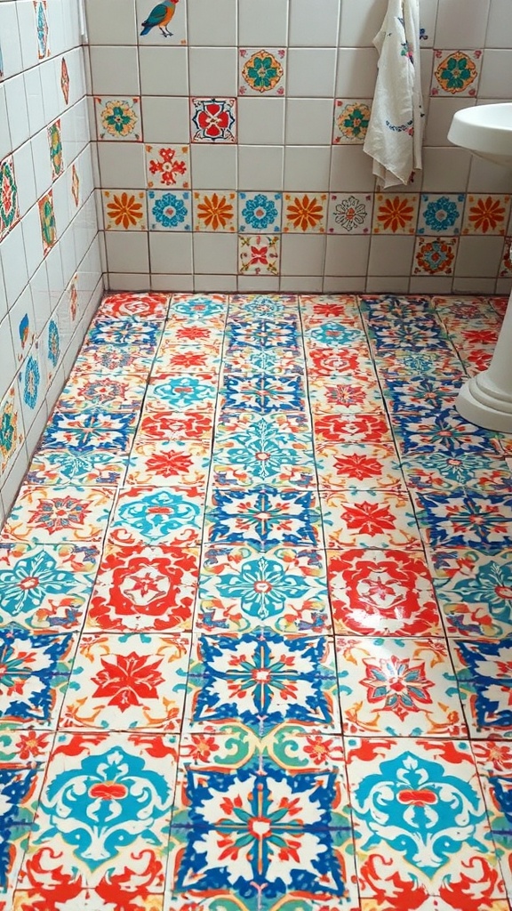 Colorful retro tile patterns in a vintage bathroom setting