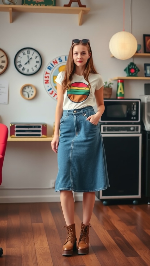 A woman wearing a graphic tee and a denim skirt, standing indoors with retro decor.
