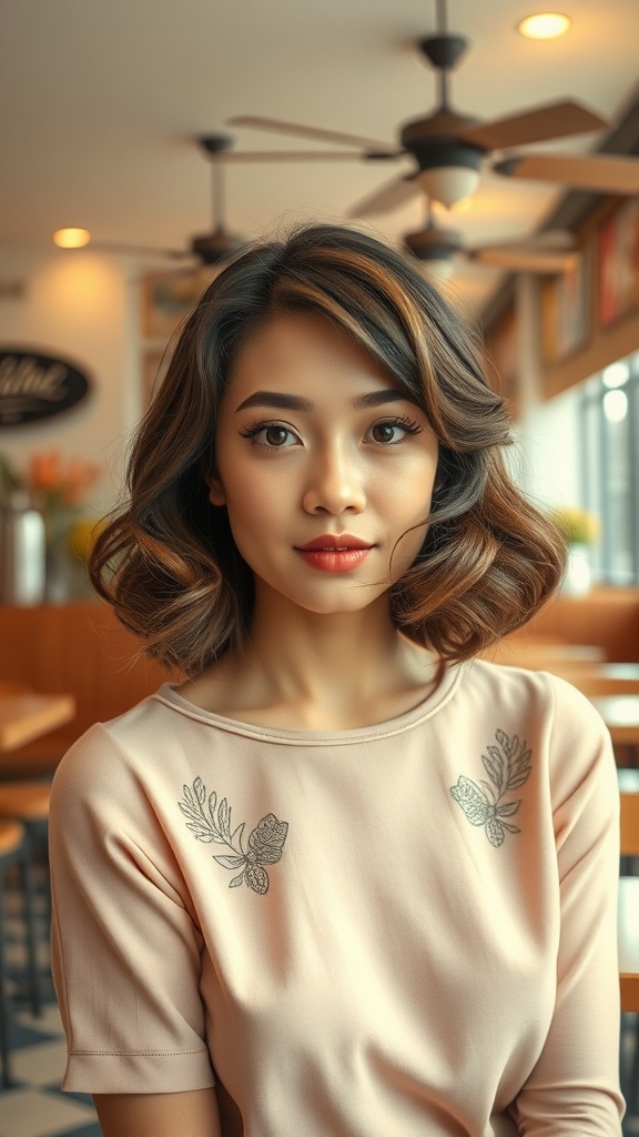 A model with a retro vintage bob hairstyle, featuring soft waves and warm colors, sitting in a cafe.