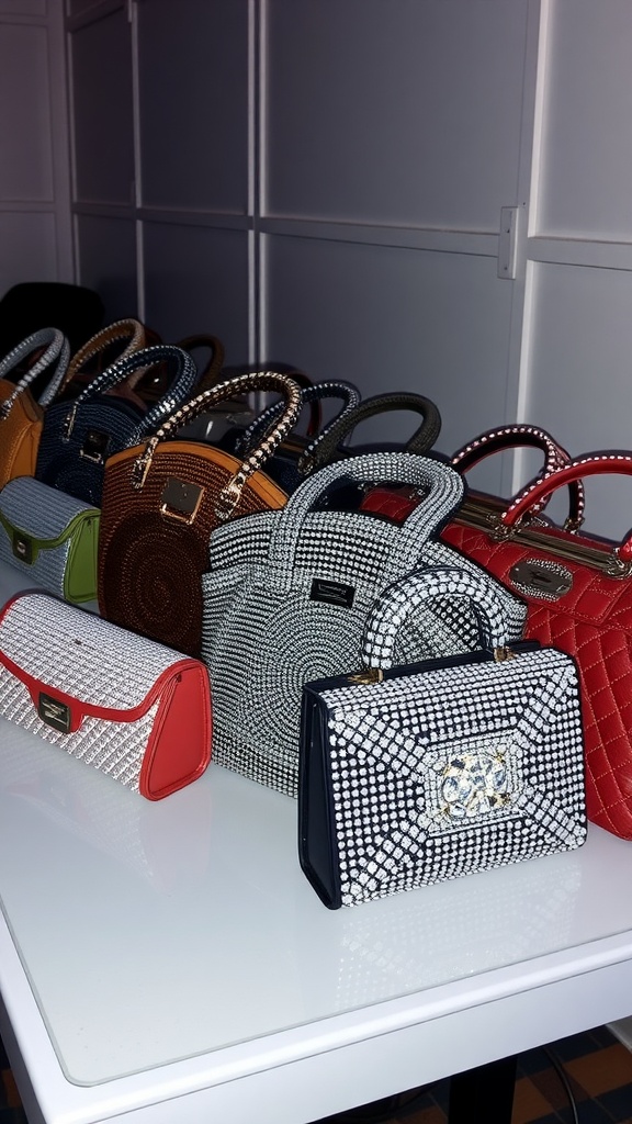 Various rhinestone-encrusted handbags displayed on a table.