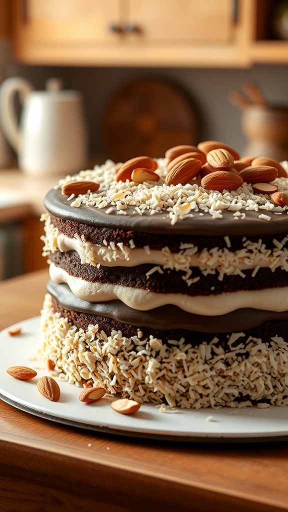 A layered almond joy cake topped with nuts and coconut flakes.