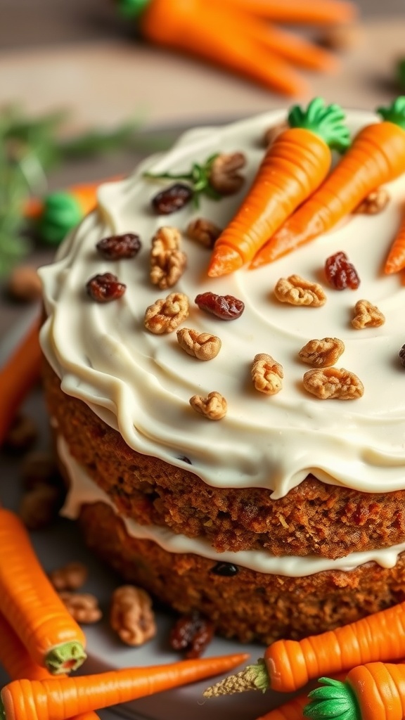 Rich carrot cake with walnuts and raisins topped with cream cheese frosting and decorative carrots.