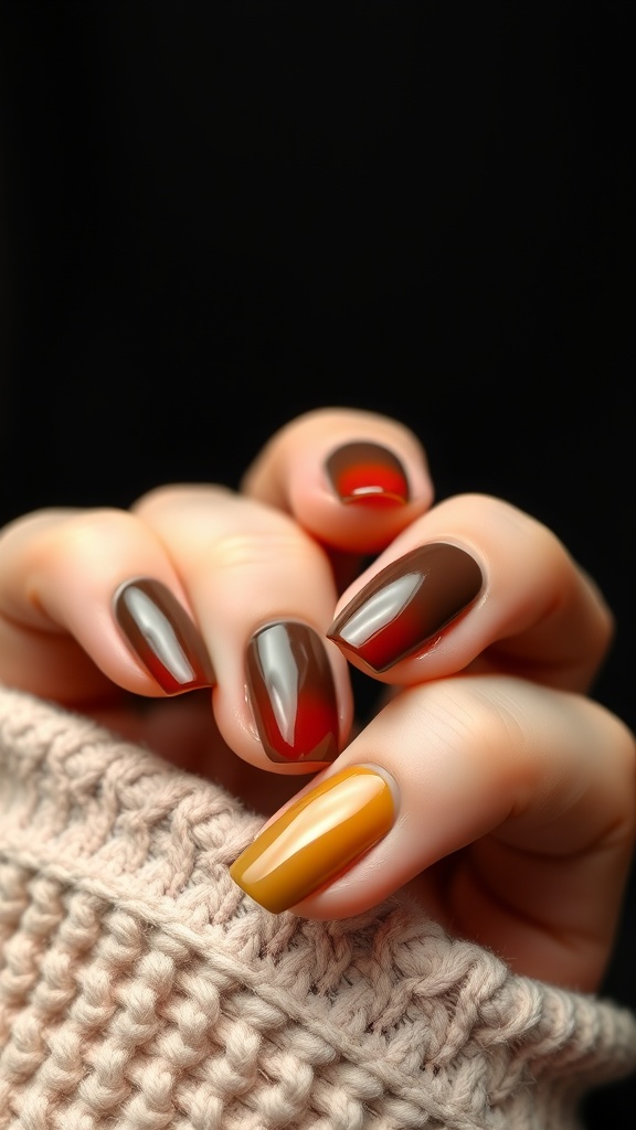 Close-up of hands with gradient brown nails, featuring a mix of chocolate brown shades and a warm golden accent, against a dark background.