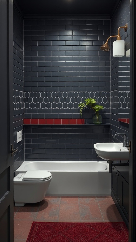 A dark bathroom with navy tiles, red accents, and a green plant.