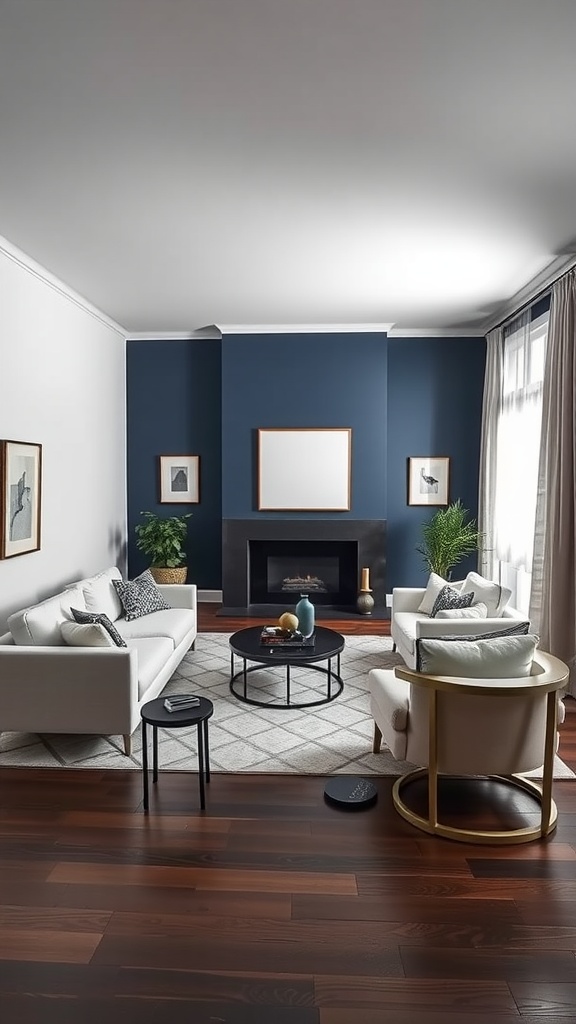 Living room featuring rich dark blue wall with white furniture and green plants.